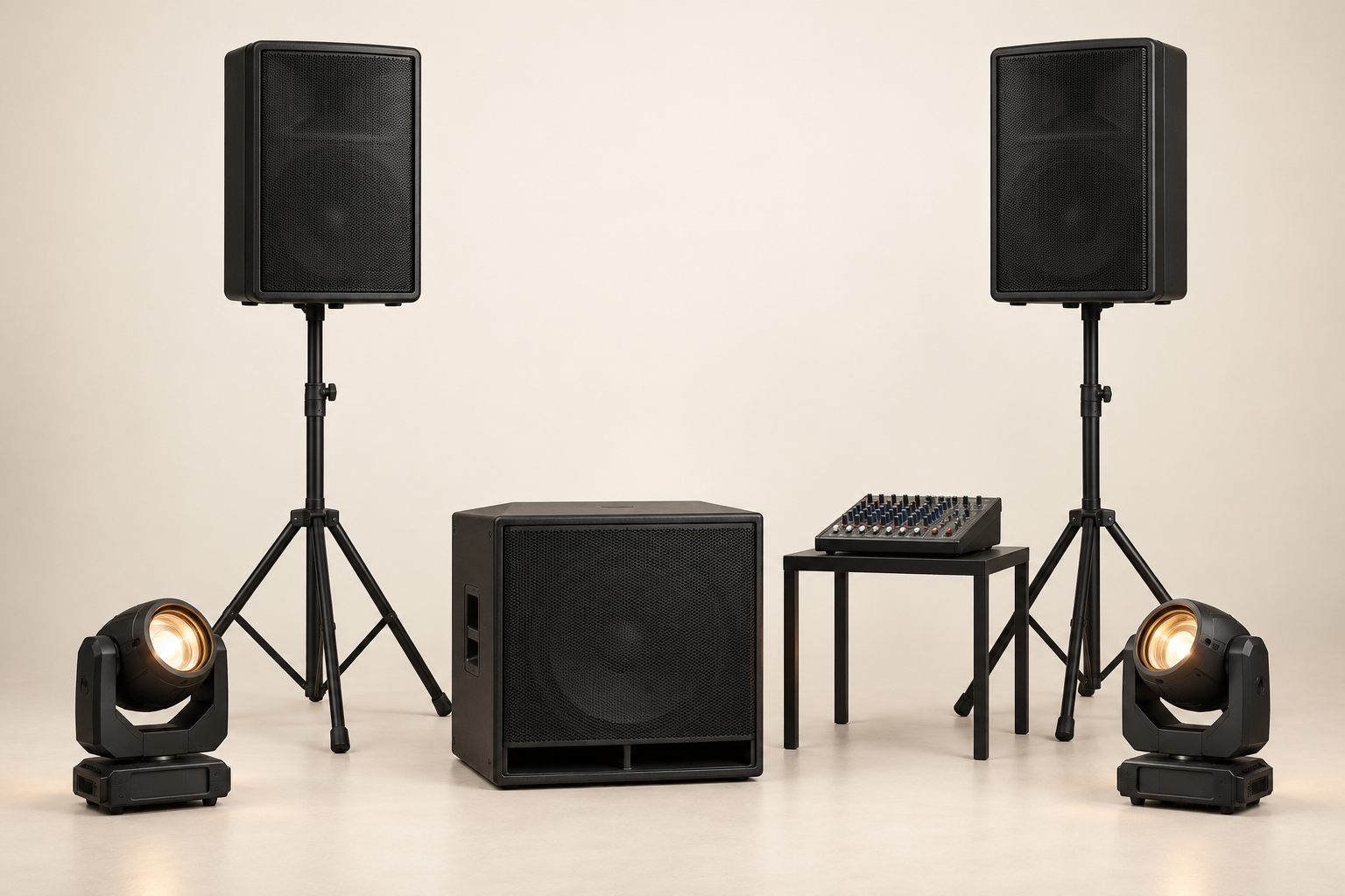 Illustrative speakers, subwoofer, mixer and two moving-head lights