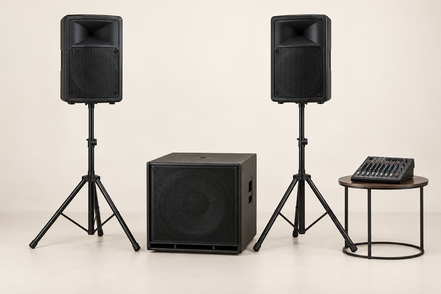 Illustrative speaker, subwoofer and mixer package