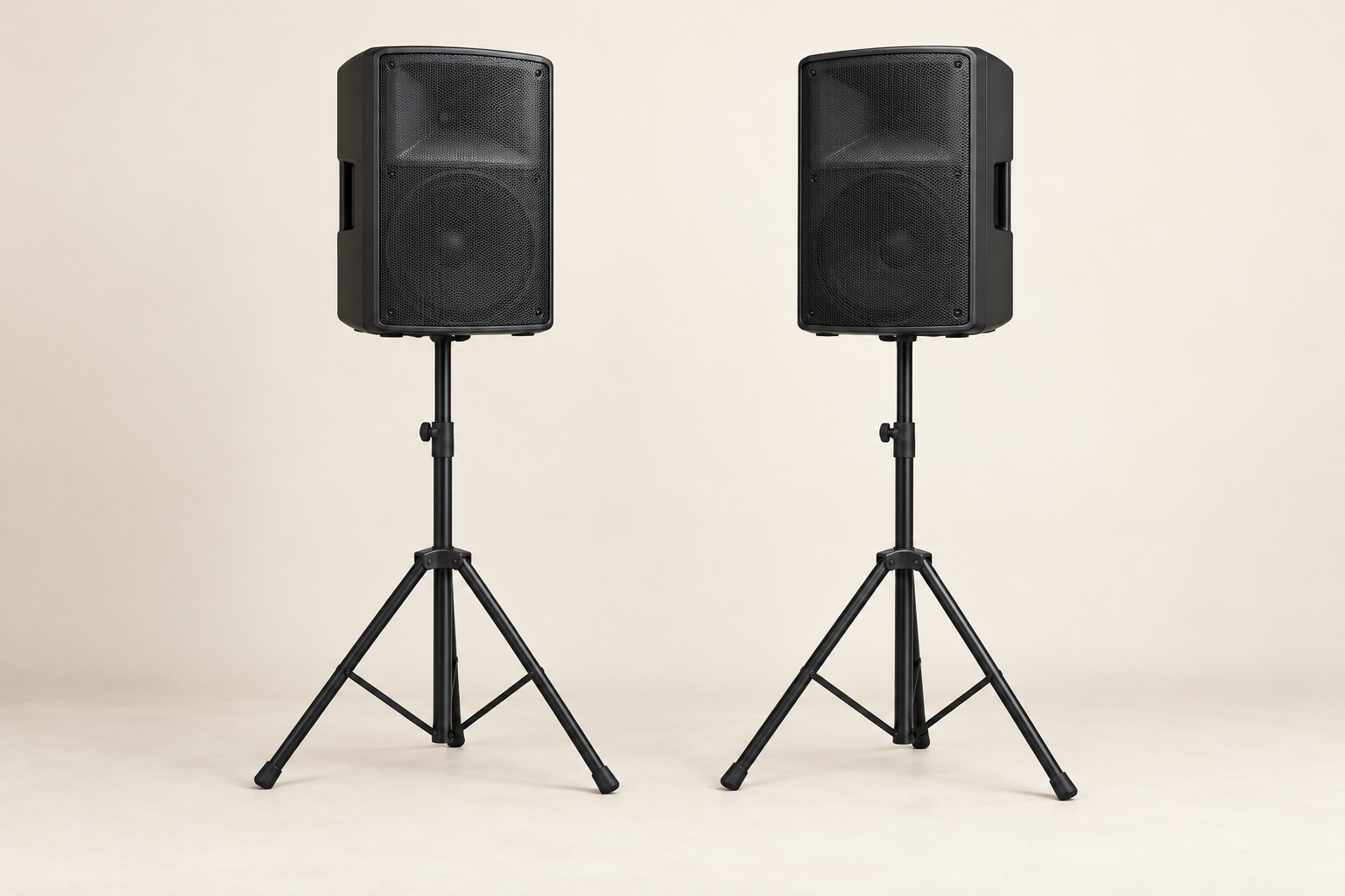 Illustrative setup with two powered speakers on stands